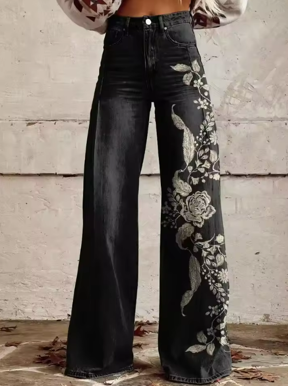 ZAFIRA | Vintage Zwarte Bloemen Chique Broek