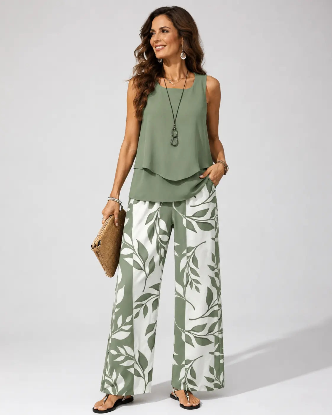 Marisol | Saliegroene Set met Blouse en Botanische Broek