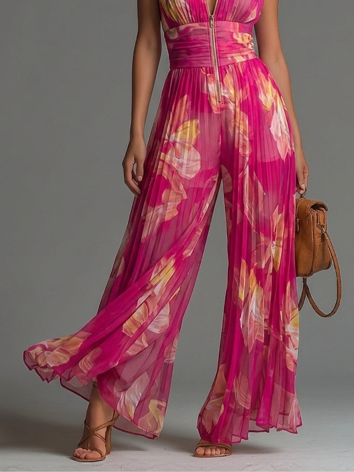Avelina | Geplooide Chiffon Jumpsuit met Bloemenprint