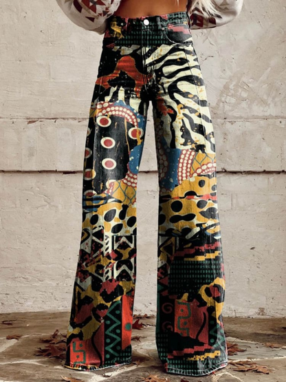 RENATA| Wijde Broek met Elegant en Gedurfd Artistiek Motief