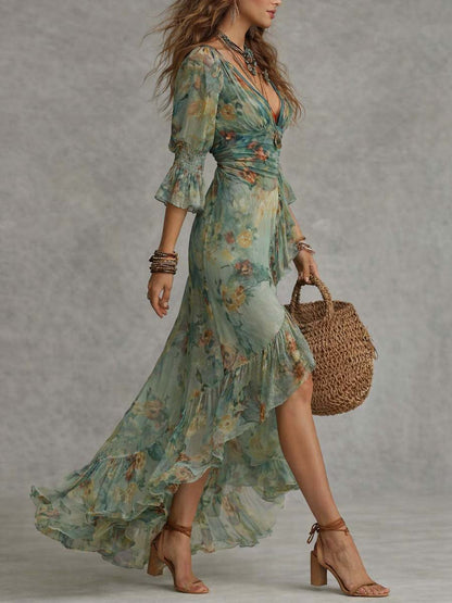 Elowen | Romantische Bohemian Maxi Jurk met Bloemenprint