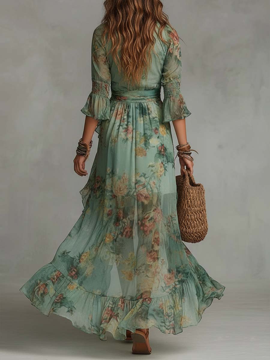 Elowen | Romantische Bohemian Maxi Jurk met Bloemenprint