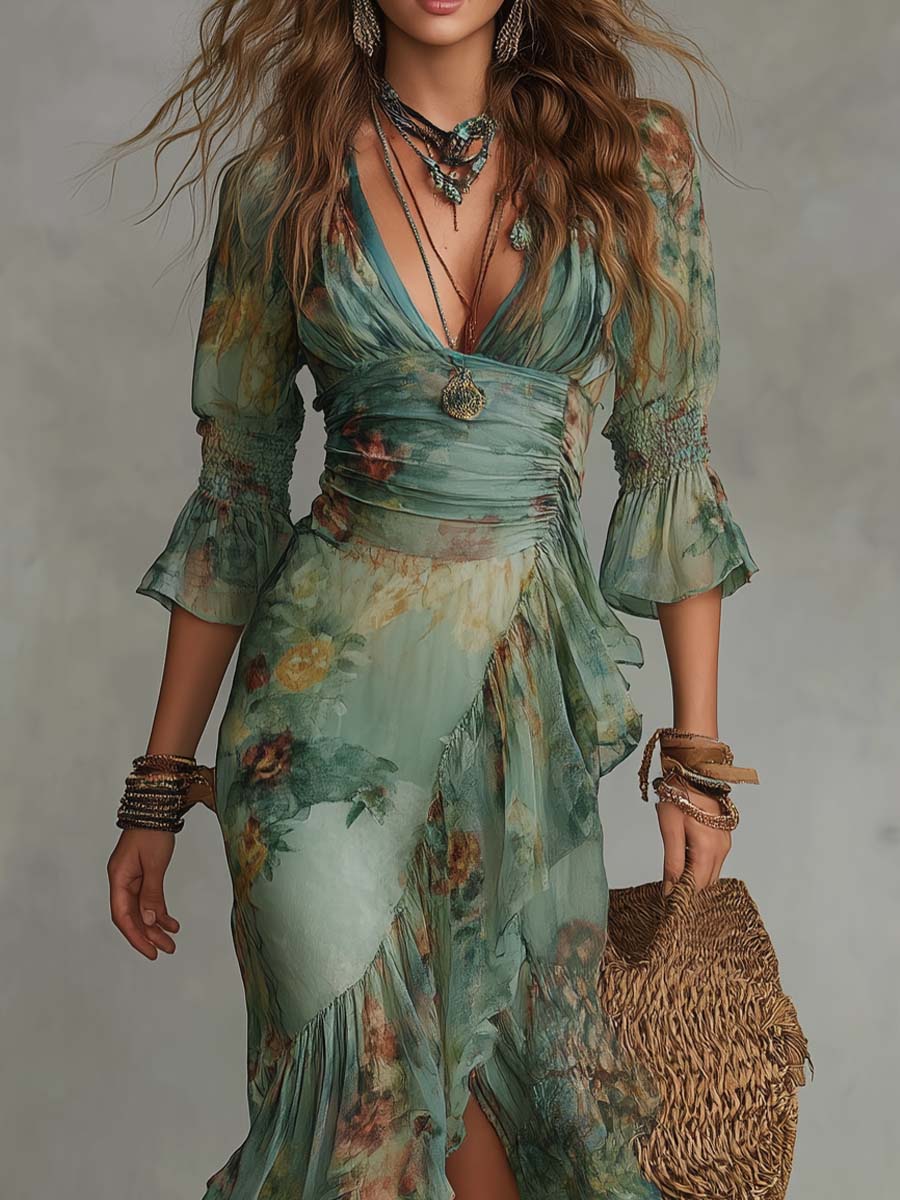 Elowen | Romantische Bohemian Maxi Jurk met Bloemenprint