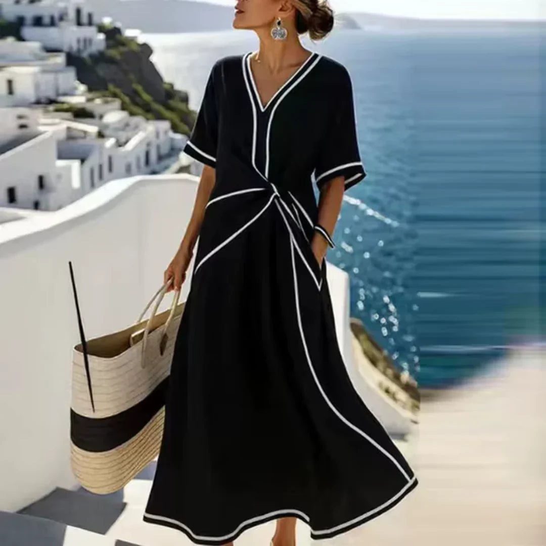 ADELINE | Elegante Jurk met Flatterende Taille en Vakantie Chic