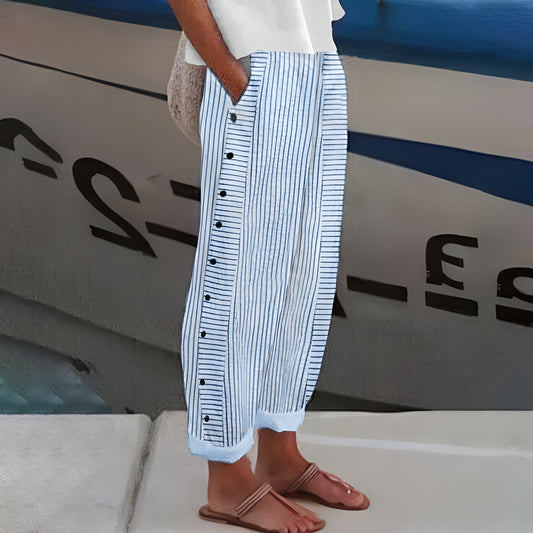 NERINA| Lichte Zomerbroek met Dunne Strepen en Zijknopen voor Casual Chic Stijl