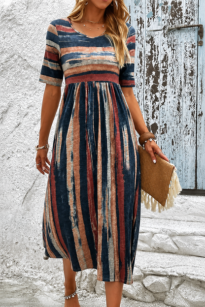 Rachel | Gestreepte Buikcamouflerende Midi Jurk