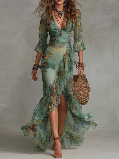 Elowen | Romantische Bohemian Maxi Jurk met Bloemenprint