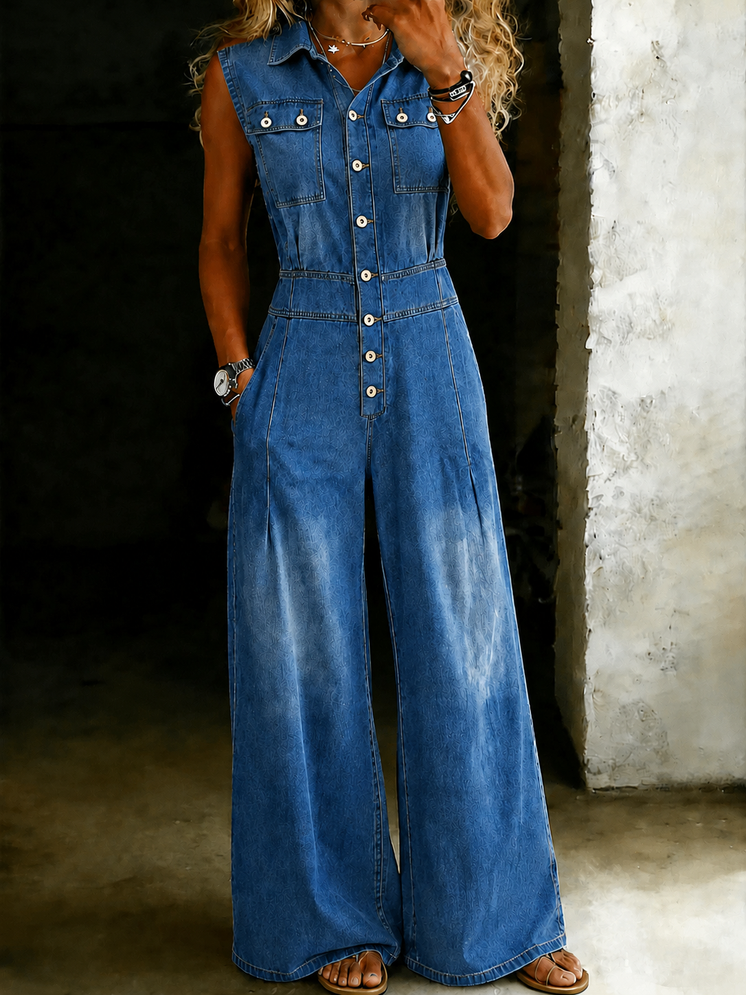 Indy | Getailleerde denim jumpsuit met wijde pijpen