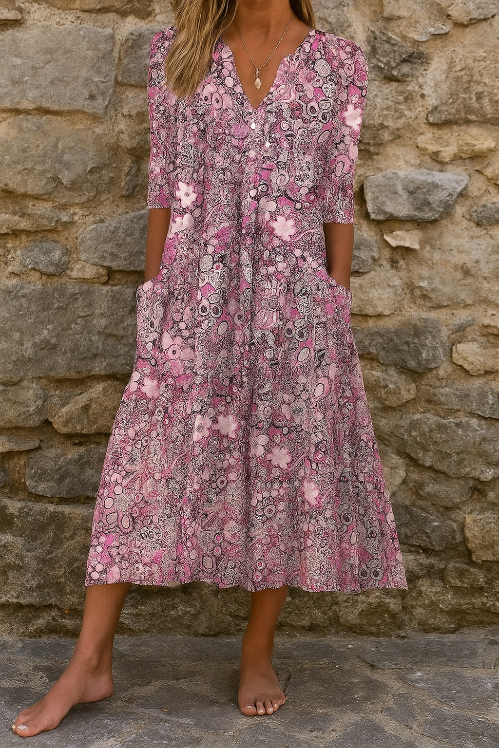 Catalina | Midi-jurk met V-hals en stijlvolle print