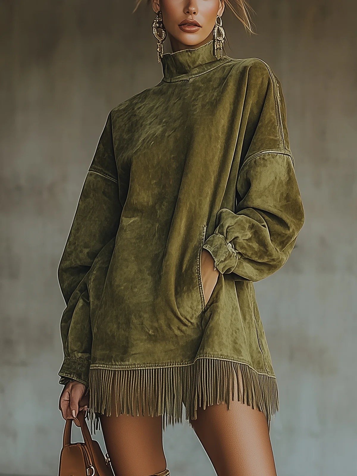 Elara | Hoge Hals Jurk met Franjes