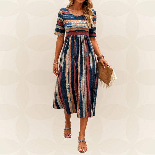 Rachel | Gestreepte Buikcamouflerende Midi Jurk