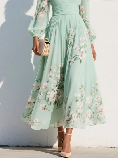 Alessia | Midi Jurk met Lange Mouwen en Bloemenprint