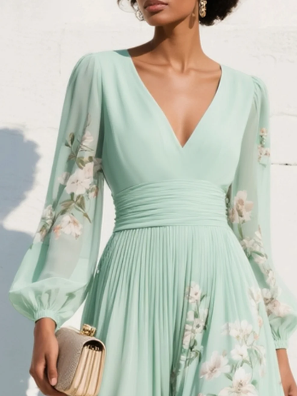 Alessia | Midi Jurk met Lange Mouwen en Bloemenprint