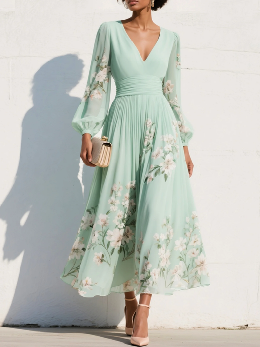 Alessia | Midi Jurk met Lange Mouwen en Bloemenprint
