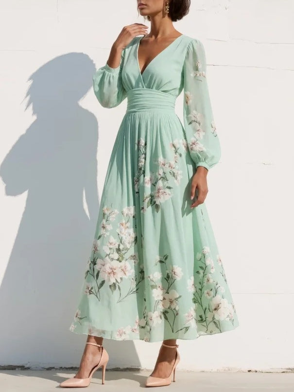 Alessia | Midi Jurk met Lange Mouwen en Bloemenprint