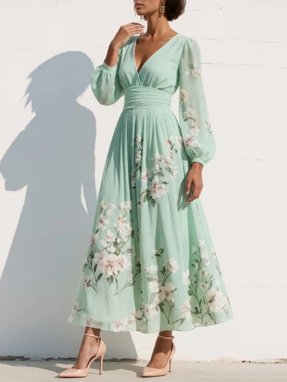 Alessia | Midi Jurk met Lange Mouwen en Bloemenprint