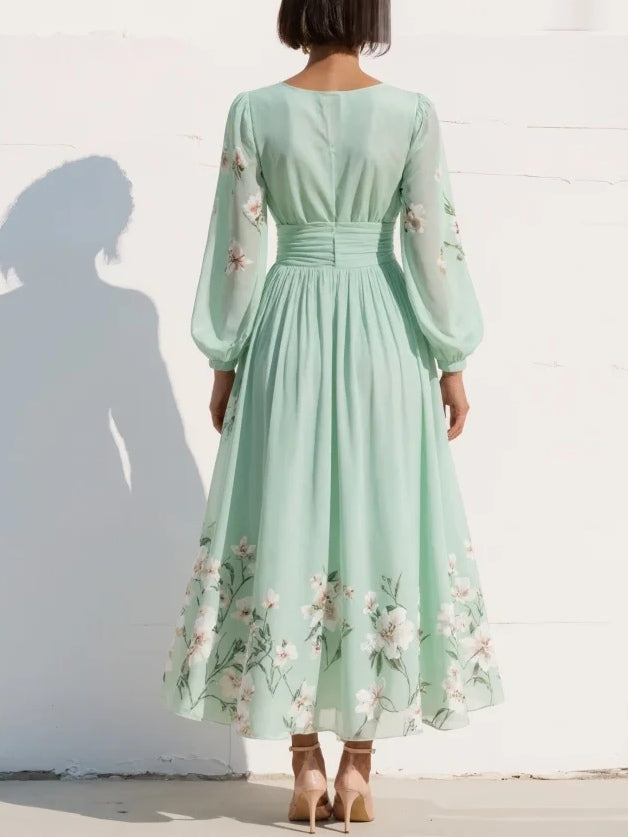 Alessia | Midi Jurk met Lange Mouwen en Bloemenprint