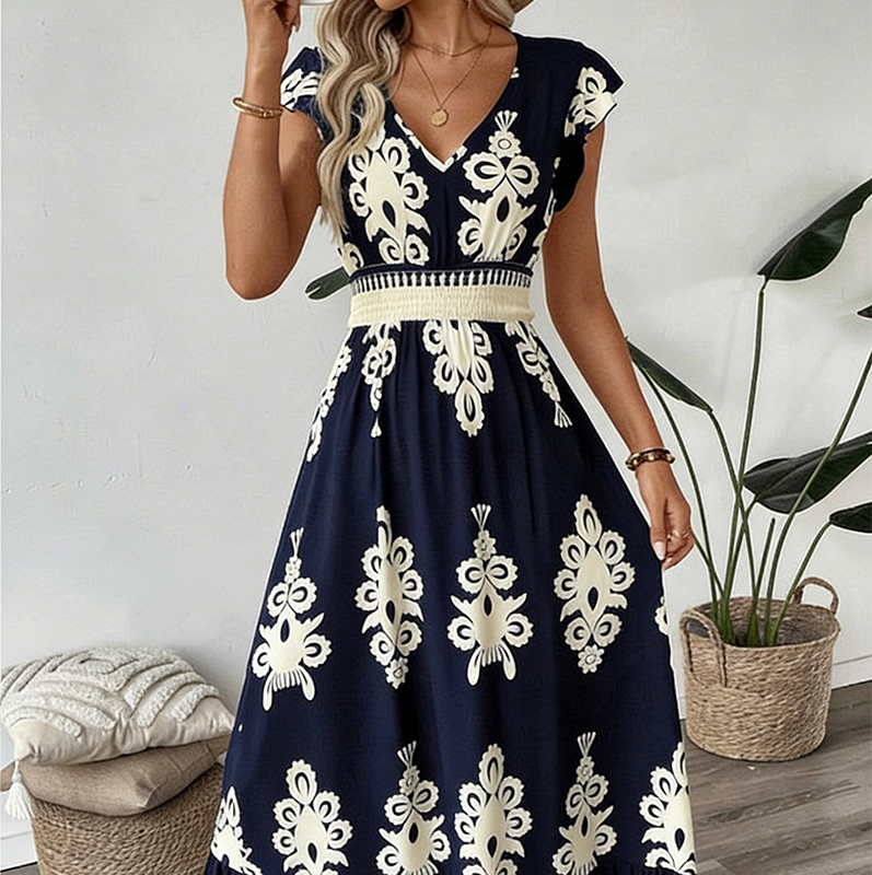 Valérie | Elegante zomerjurk met V-hals en sierlijke print